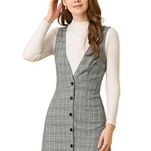 Gray Plaid Vneck Mini Dress with Black Buttons
